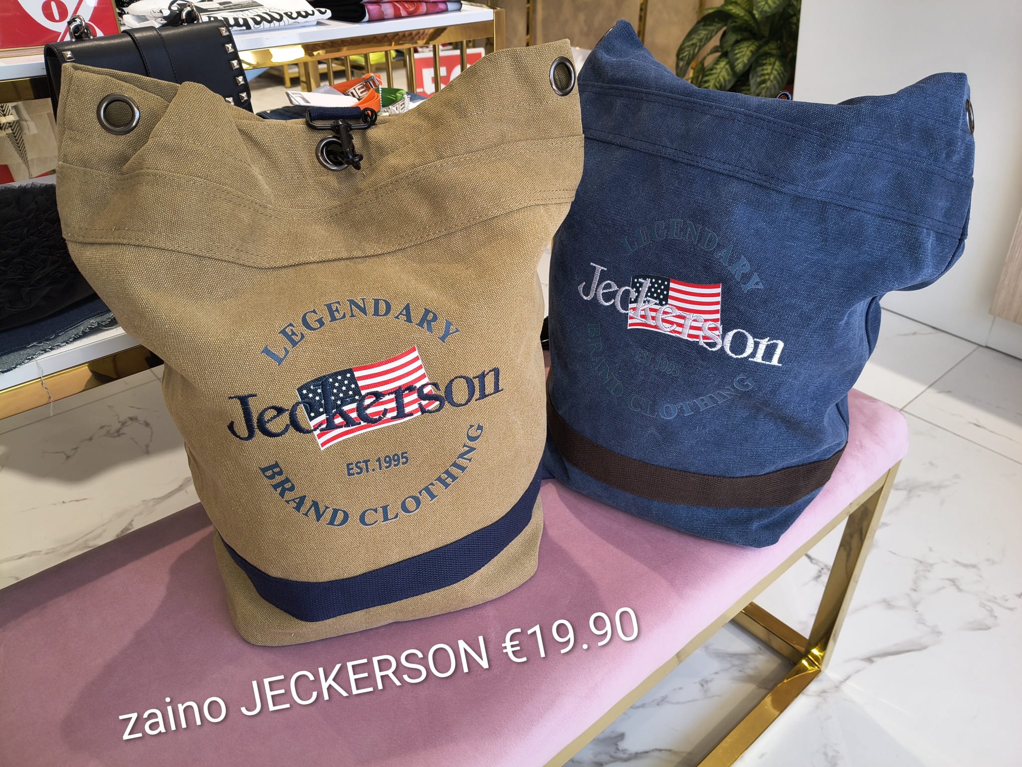 Zaino sacca in tela Jeckerson beige e blu